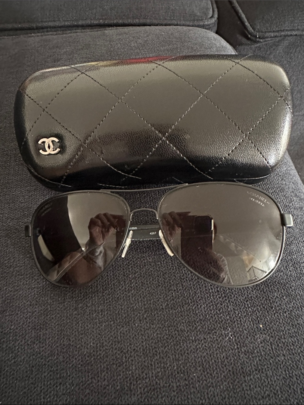 CHANEL Black Aviator Sunglasses with Quilted Black Case